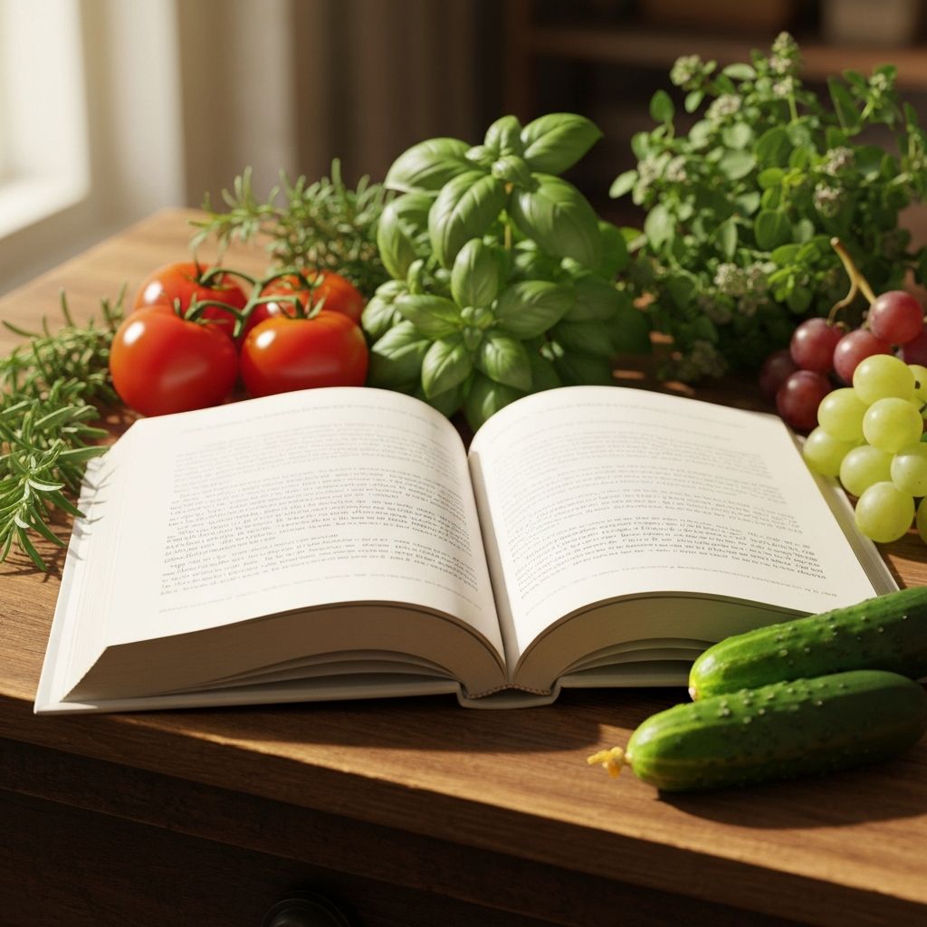 Open book with fresh herbs and vegetables